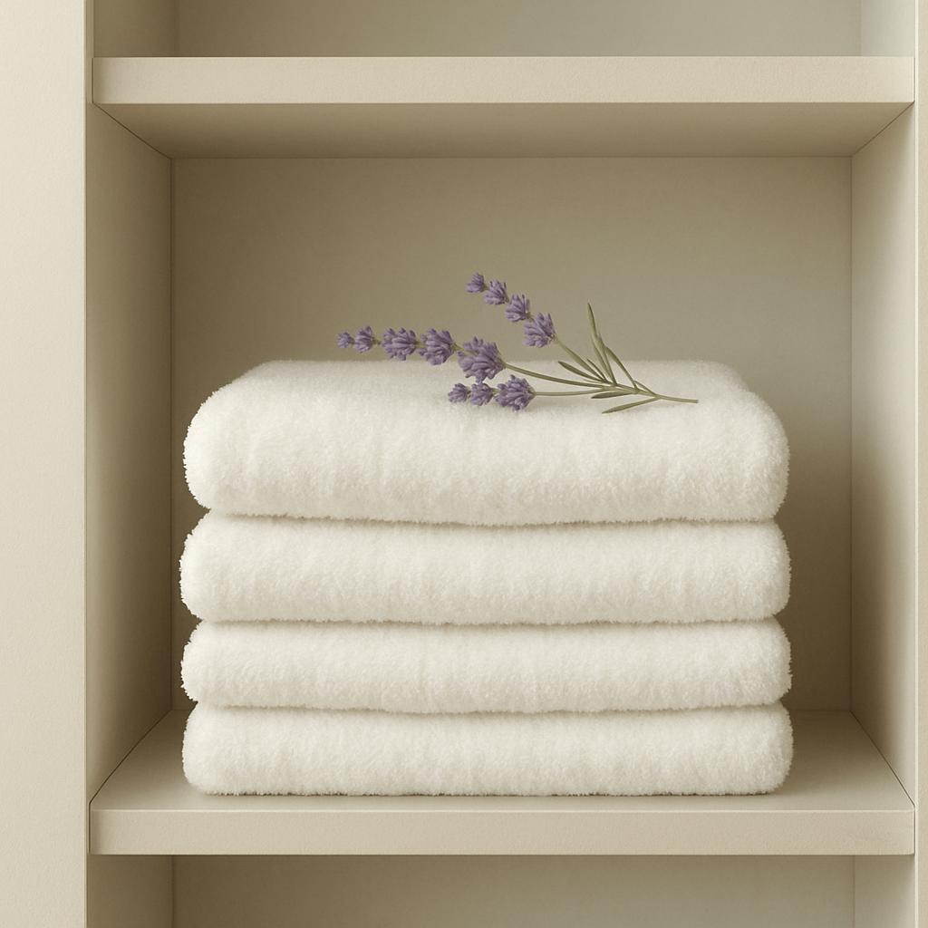 White towels stacked on a beautifully made shelf with lavender. Background: light beige, walls: darker beige, single plaid...